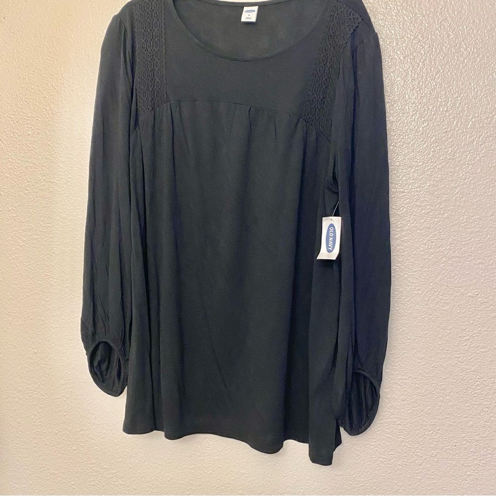 Old Navy long Sleeve crew neck crochet boho black rayon blouse peasant top M